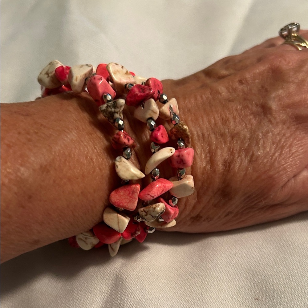 Coil Wrap Pink and White Beaded Dyed Howlite Bracelet